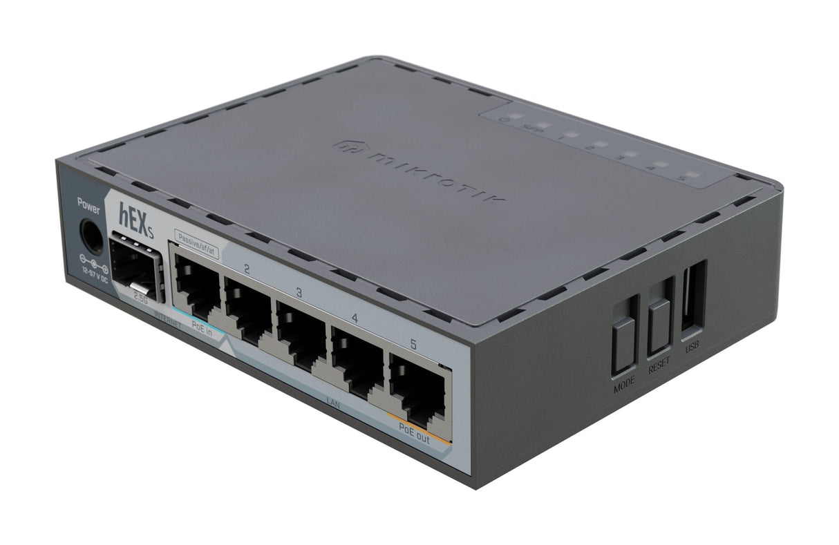 Mikrotik E60iugs (Hex S 2025 Version) Router Con Cpu De Doble NÚ Cleo De 950 Mhz, 512 Mb De Ram, Jaula Sfp De 2,5 G, 5 Puertos Gigabit Eth, Usb, Routeros V7 L4, Carcasa De PlÁ Stico, Fuente De AlimentaciÓ N.