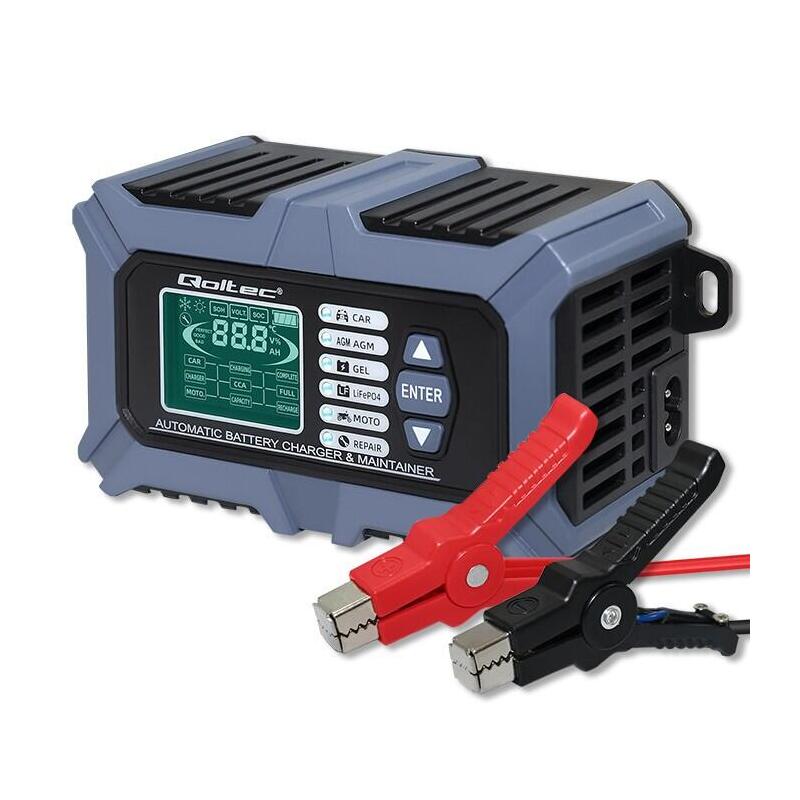 Cargador Qoltec 52488 Con Microprocesador, Comprobador De Batería Y Función De Reparación Lcd De 12 V Y 6 A Para Gel Agm Lifepo4.