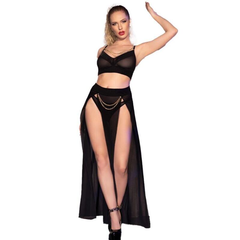 Chilirose - Cr 4672 Top Negro Falda Y Tanga Con Cadenas Doradas M