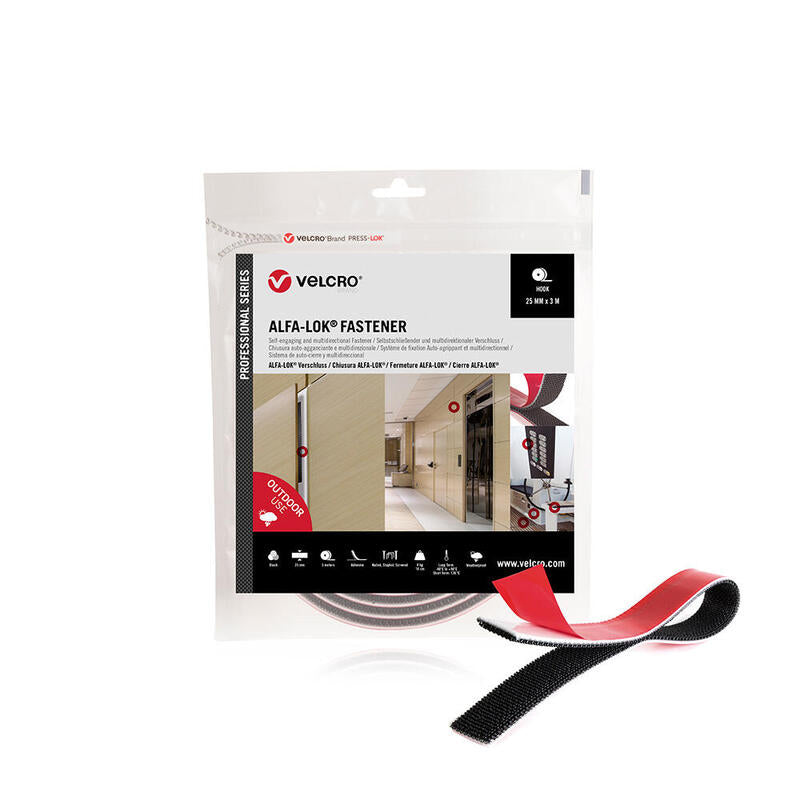 Cinta Alfa-Lok Lineal De Gancho Negra 25mm X 3 M