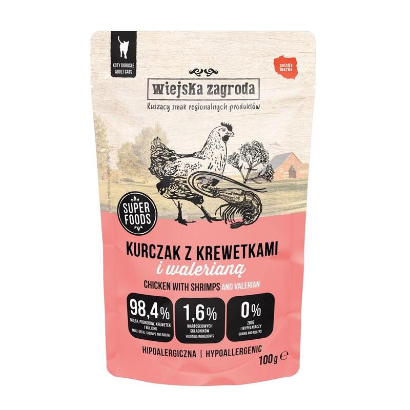 Comida Húmeda Para Gatos Wiejska Zagroda Pollo Con Gambas Y Valeriana 100g