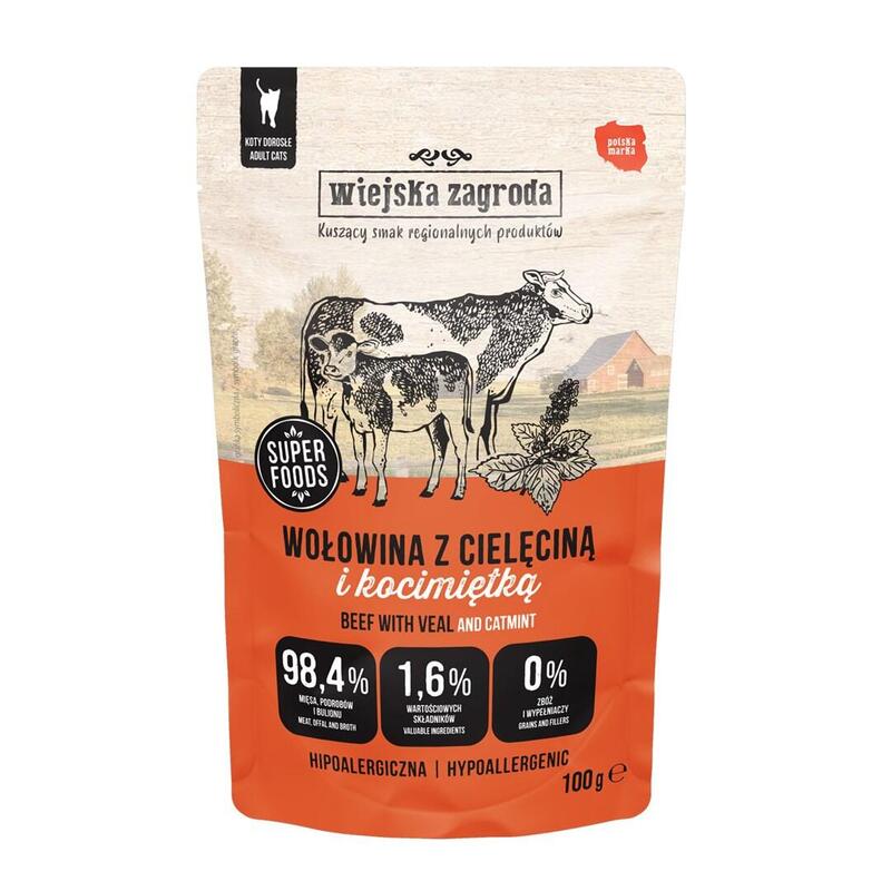 Comida Húmeda Para Gatos Wiejska Zagroda Ternera Con Carne De Ternera Y Hierba Gatera 100g