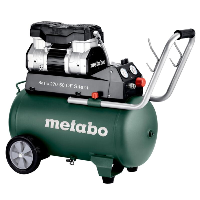 Compresor Metabo Basic 270-50 Of Silent Caldera De 50 L, 10 Bar De Presión, 130 L/Min De Potencia De Llenado, Sin Aceite, Silencioso Y Portátil, Para Bricolaje Y Profesionales Incluye Acoplamiento