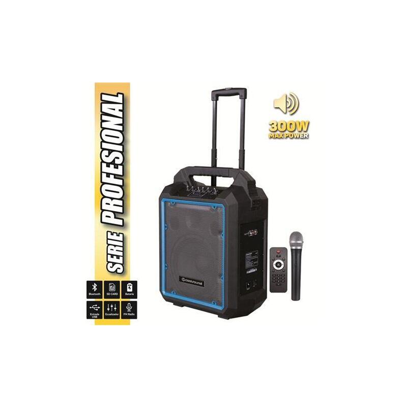 Coolsound Pro 300 Altavoz Autoamplificado Bluetooth 300w 10" 80w Rms Con Bateria - Usb, Sd, Entrada Mic. Jack 6.3mm - 1 Microfono Serie Pro Cool - Autonomia Hasta 4h - Asa Y Ruedas De Transporte - Mando A Distancia