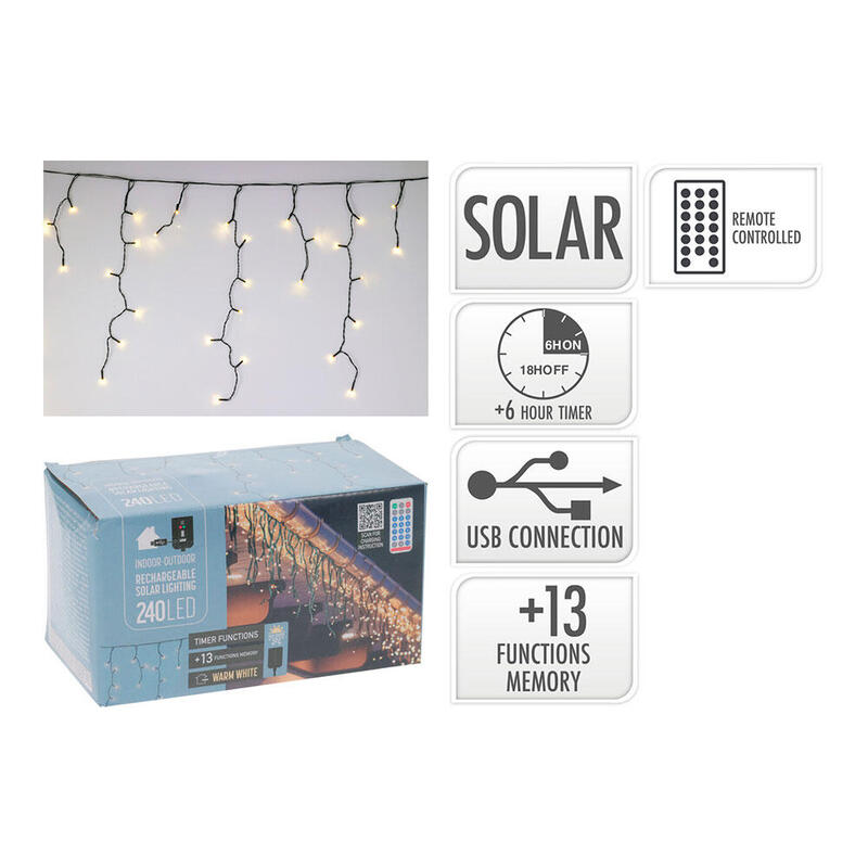 Cortina Led Solar Recargable 240 Leds 13 Funciones Parpadeante Exterior Blanco Cálido 5.6 M