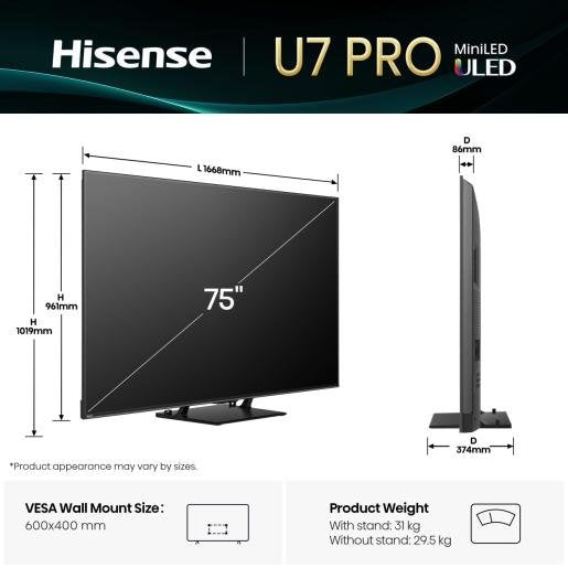 Televisor Hisense 75" 75u7q Pro Smart Tv Mini-Led Uhd 4k Hdr 165hz