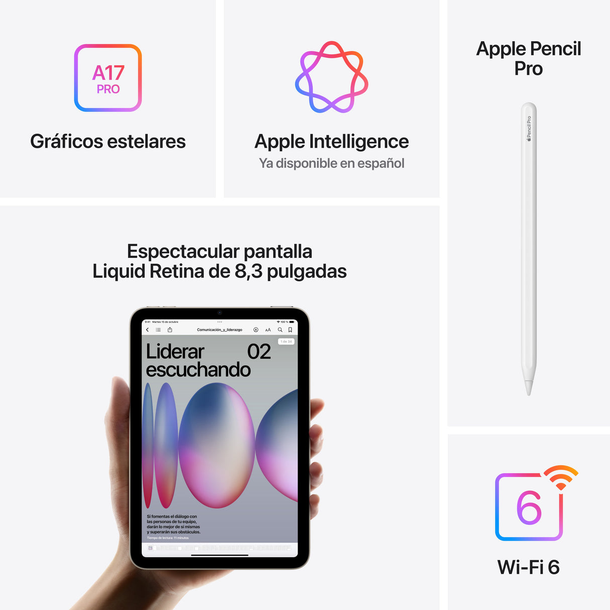 EAN 0195949729966 - Apple iPad mini 7th gen 256 GB 21,1 cm (8.3") Wi-Fi 6E (802.11ax) iPadOS 18 Gris imagen 7