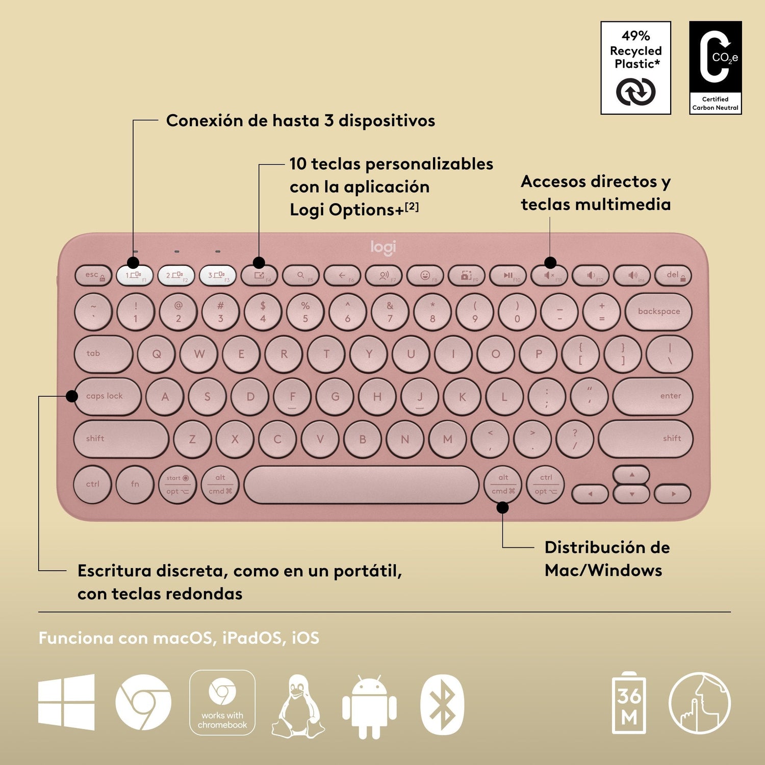 Teclado  Español Logitech Pebble Keys 2 K380s Rf Wireless + Bluetooth Qwerty Rosa