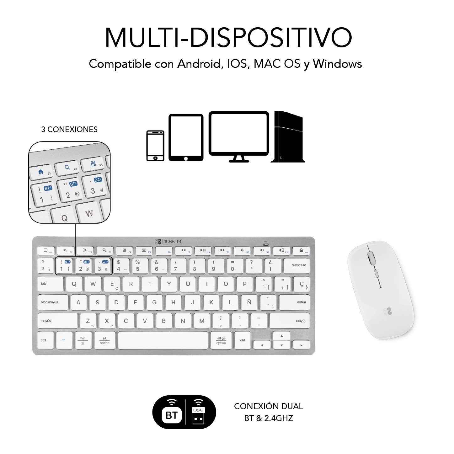 Teclado Y Ratón Inalámbrico Subblim Oco010 Combo Multidispositivo Compacto Plata