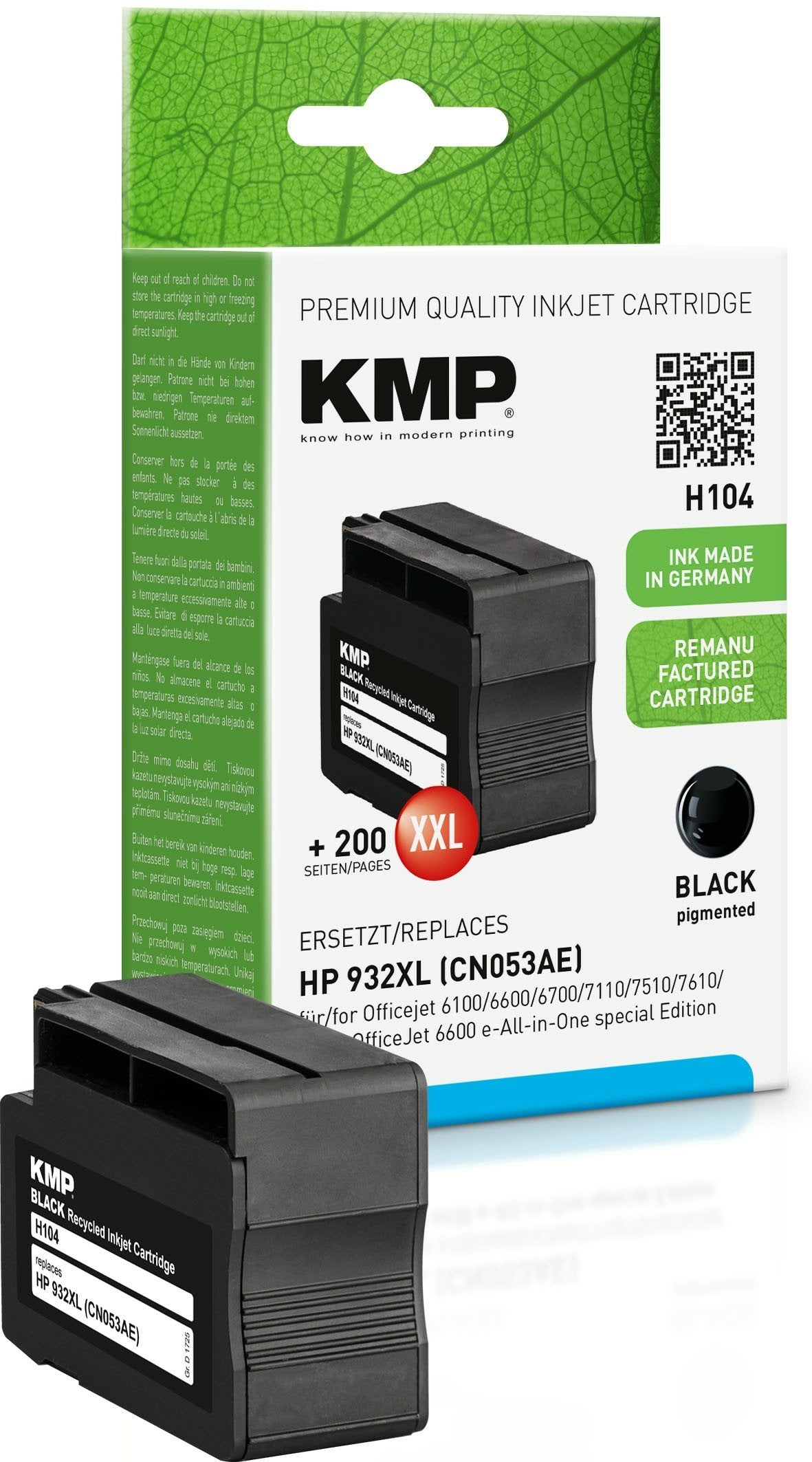 Kmp Patrone Hp Cn053ae Nr.932xl Black 1200 S. H104 Refilled