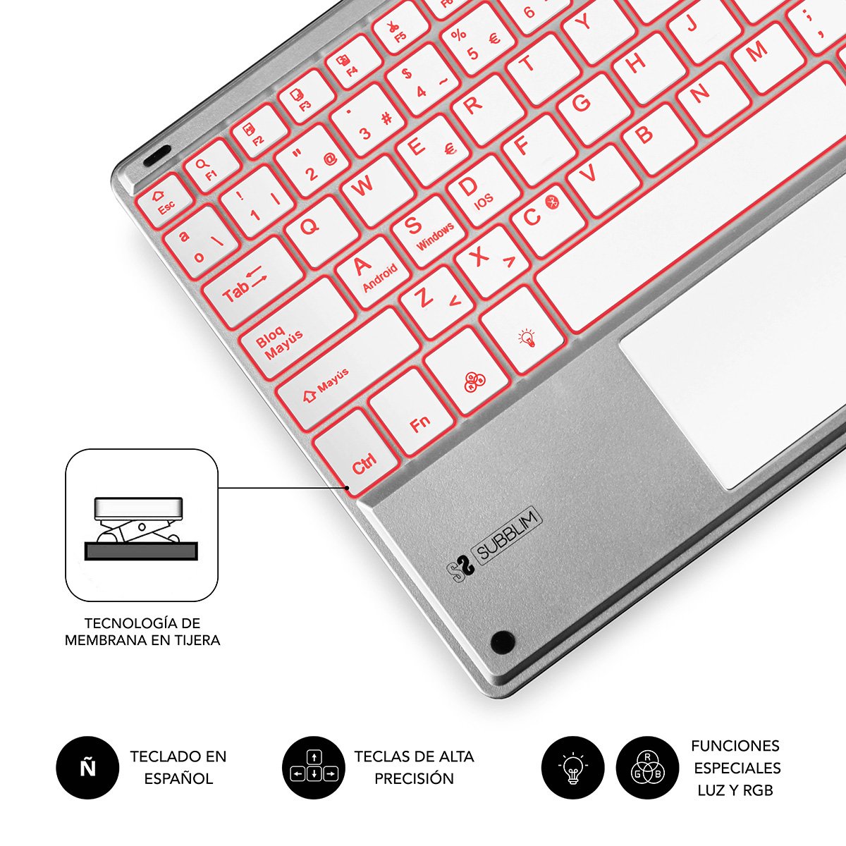 EAN 8436586740603 - SUBBLIM TECLADO SMART BACKLIT TOUCHPAD BLUETOOTH SILVER QWERTY Español Plata, Blanco imagen 4