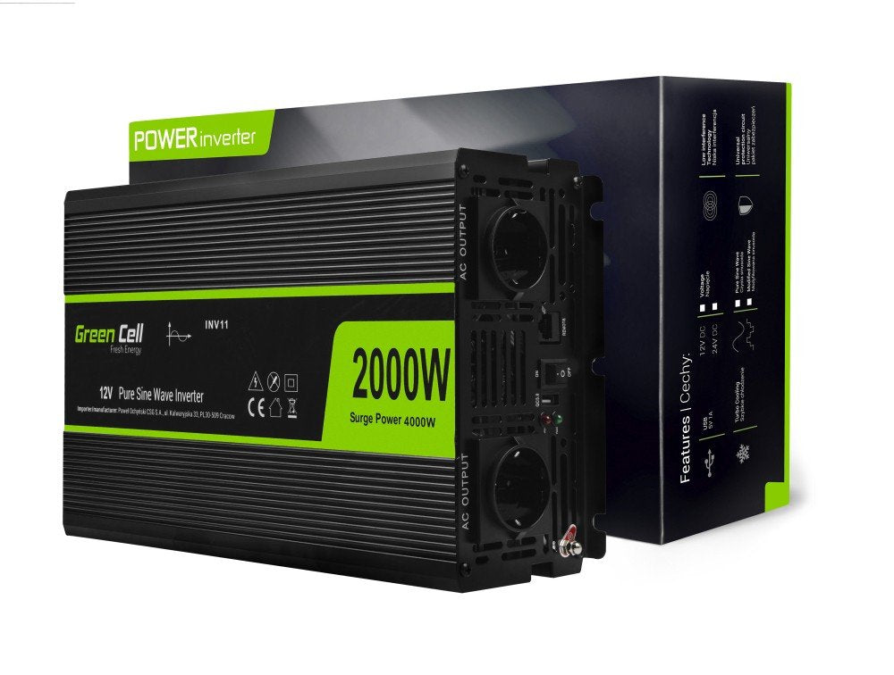 Inversor De Voltaje Para Automóvil De Green Cell ® 12v A 230v, Onda Sinusoidal Completa 2000w / 4000w