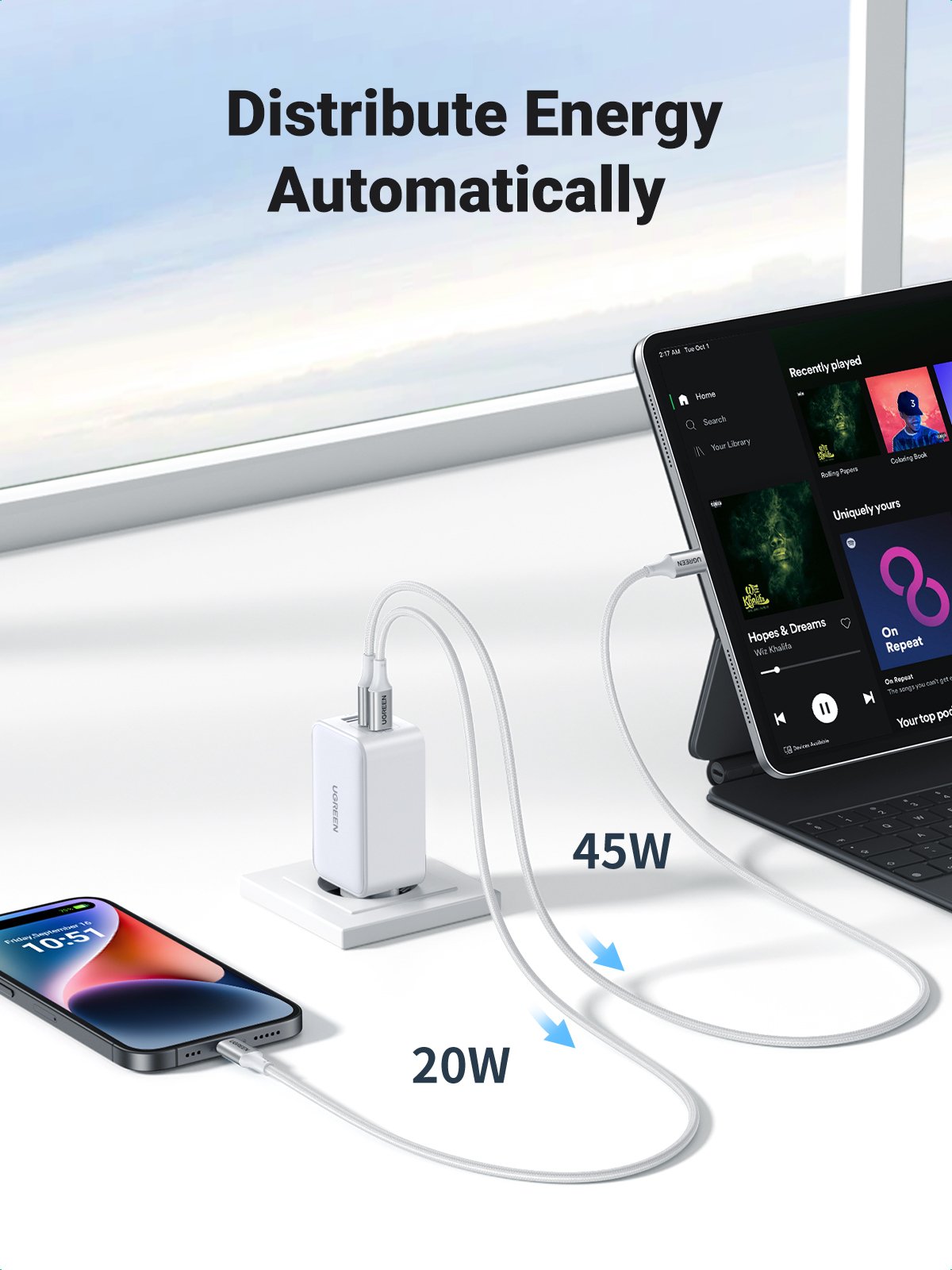 Cargador Rápido Ugreen Nexode Usb-A+2*Usb-C 65w Gan Tech Blanco