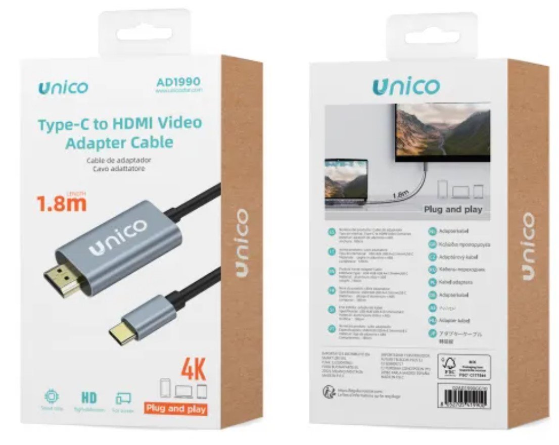 EAN 8052705419900 - UNICO AD1990 adaptador de cable de vídeo 1,8 m USB Tipo C HDMI Gris imagen 2