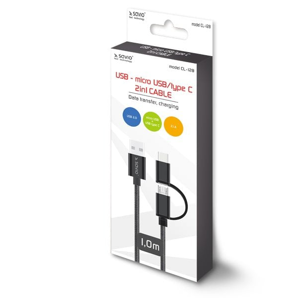 EAN 5901986044611 - Savio CL-128 cable USB USB 2.0 1 m USB A USB C/Micro-USB A Negro imagen 3