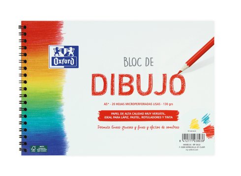 Oxford Bloc Dibujo Escolar T/ Blanda Espiral Microperforado 20h 130gr A5+ Liso Blanco