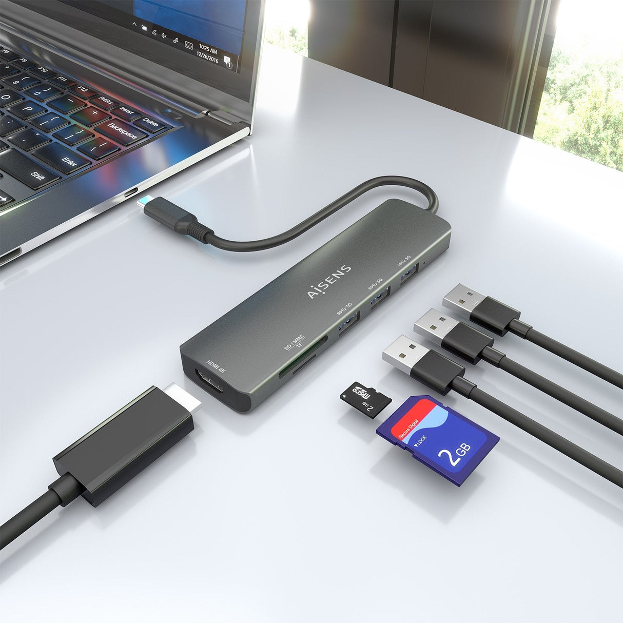 Aisens Usb-C Dock 6 En 1, Usb-C A 1xhdmi, 3xusb-A, 1xsd, 1xmicro Sd, Gris, 15cm