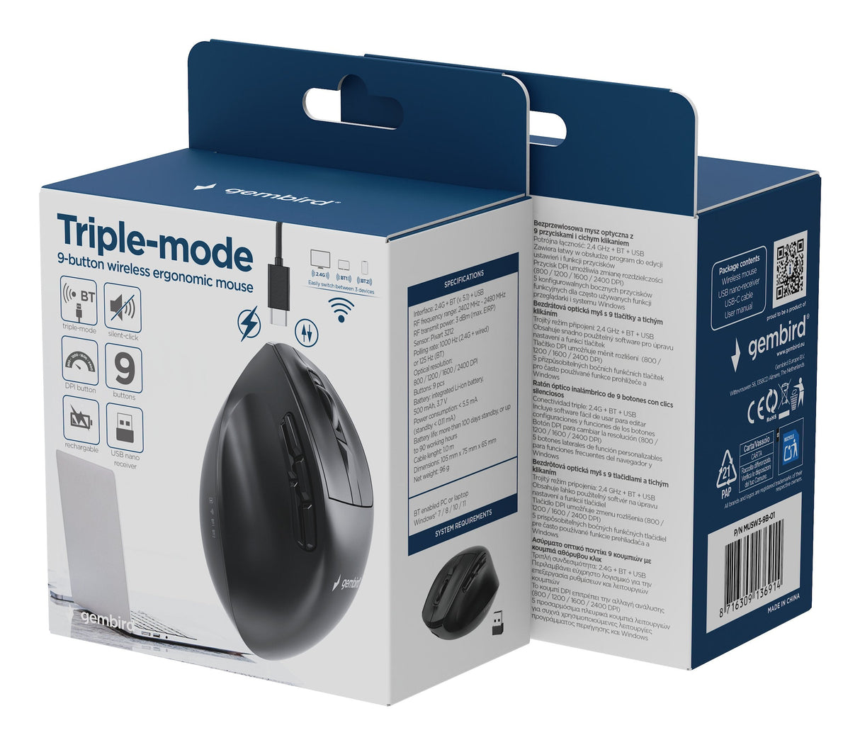 Gembird Triple-Mode 9-Button Wireless Ergonomic Mouse Bt 2.4g And Usb 2400dpi Black