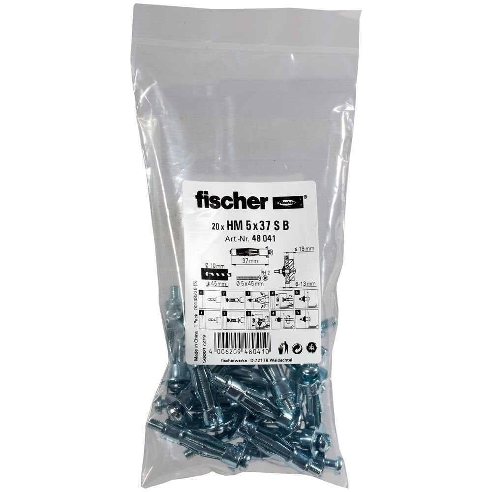 EAN 4006209480410 - Fischer 48041 tornillo de anclaje y taco 20 pieza(s) Juego de enchufes de pared y tornillos 37 mm imagen 1