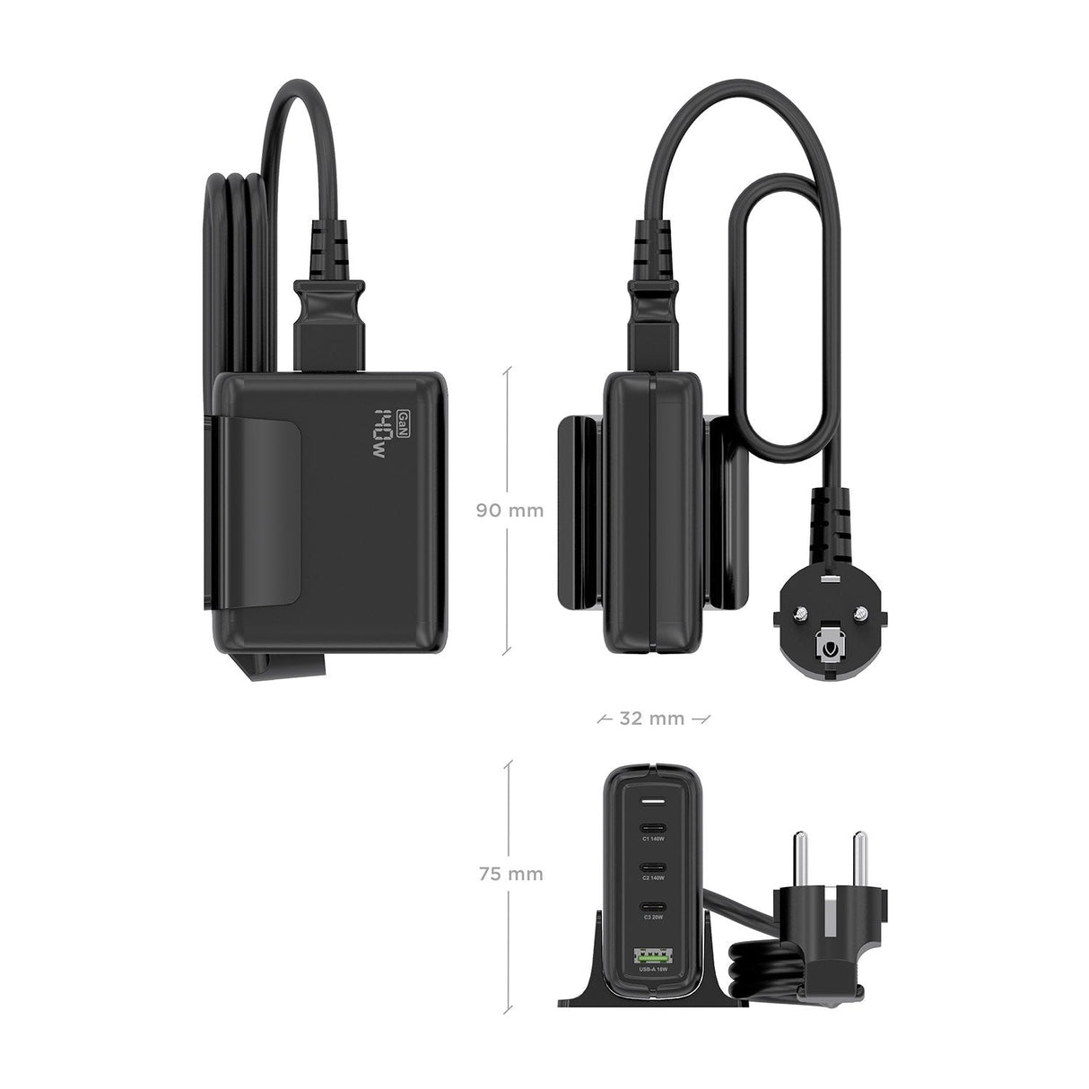 Aisens Cargador Sobremesa Gan 140w, 3xusb-C Pd3.1 Qc4.0 Qc5.0, 1xusb-A Qc3.0, Negro