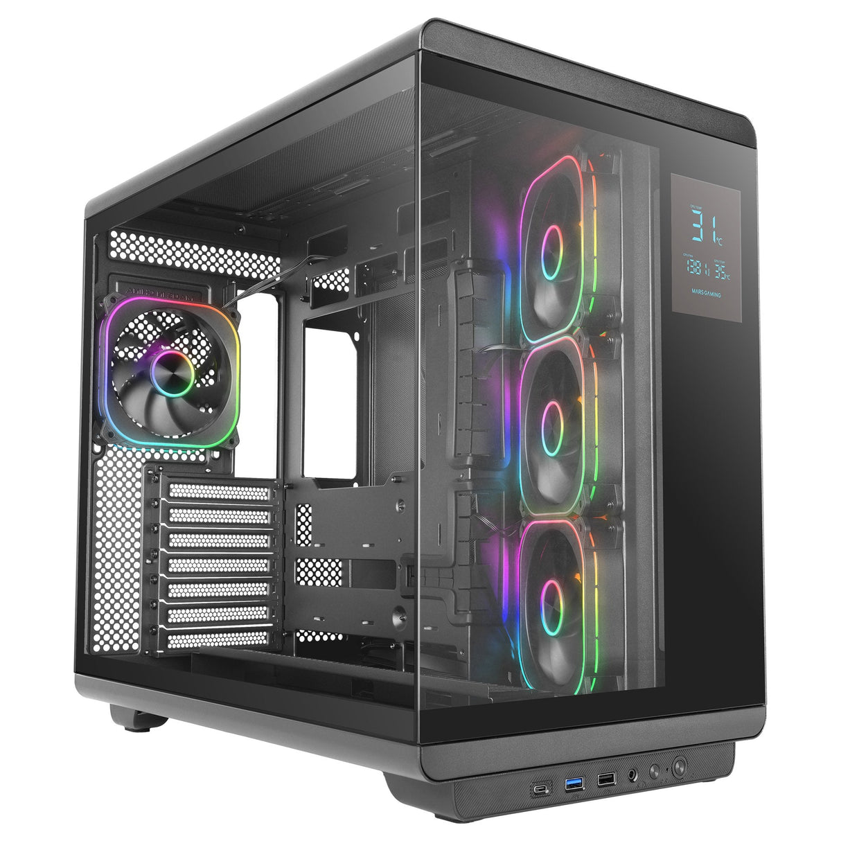 Caja Pc Atx Mars Gaming Mc-Revpro Pantalla Lcd 4.3" Cristal Templado 4x Ventiladores Argb Black