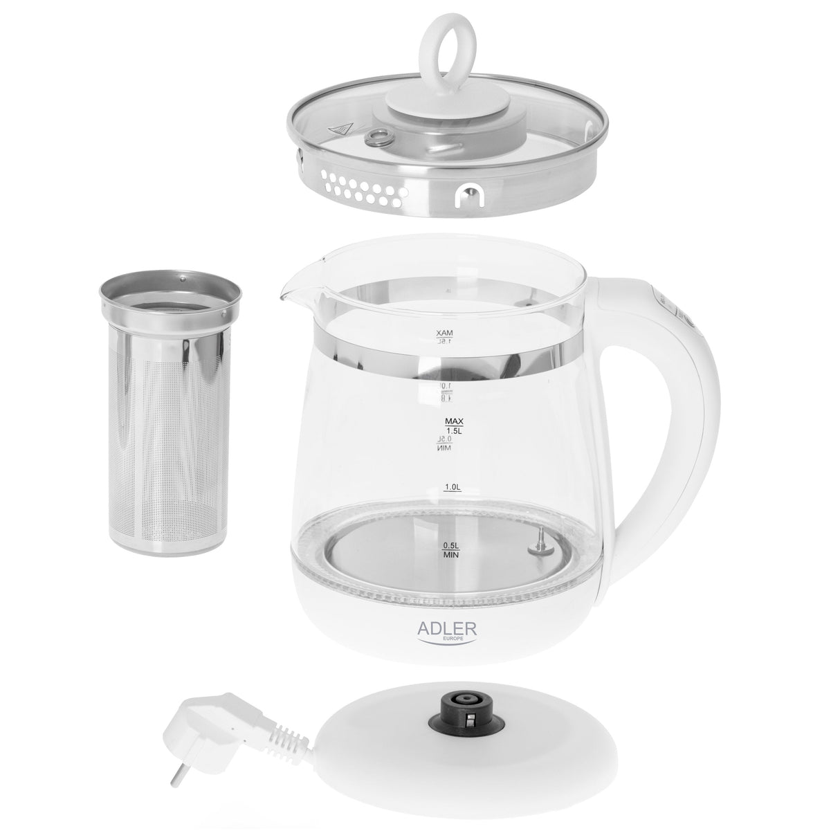 Adler Kettle Ad 1299 Elã©Ctrico, 2200 W, 1,5 L, Vidrio/Acero Inoxidable, Base Giratoria De 360â°, Blanco