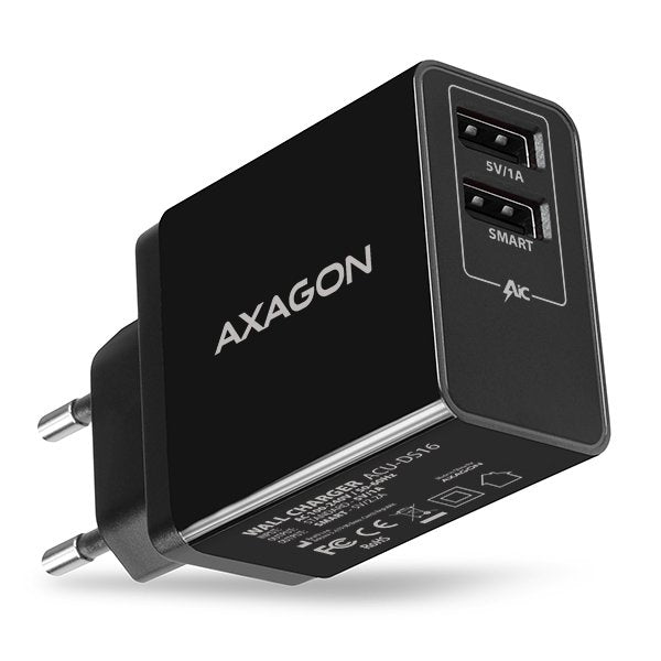 Axagon Acu-Ds16, Cargador De Red Smart, 2x Salidas Usb 5v / 2.2a + 5v / 1a, 16w