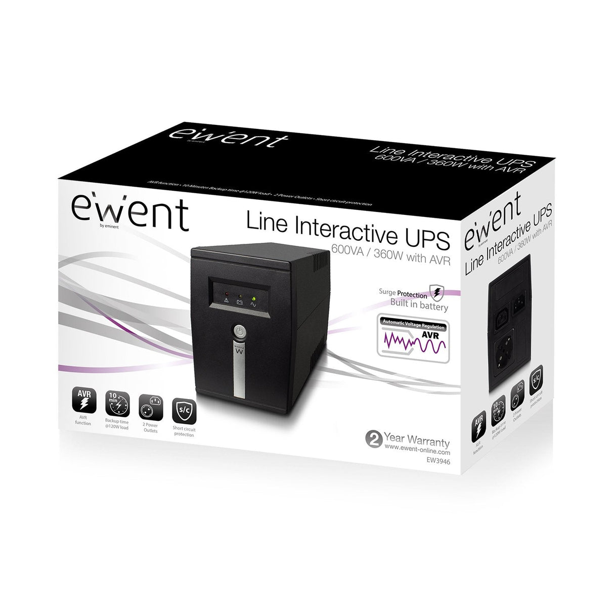 Ewent Ups 600va Line Interactive With Avr, 1 X Cee7/3 Port & 1 X C Line Interactive, 600 Va, 360 W, Avr, 1x Type F (Cee7/3), 1x Iec C13