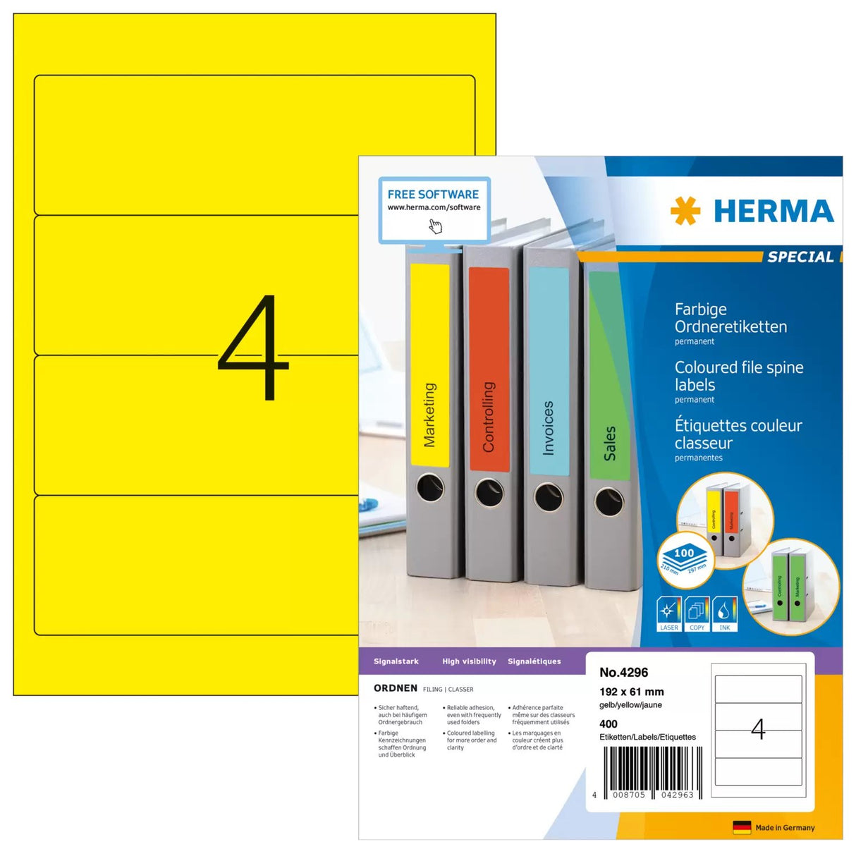 EAN 4008705042963 - HERMA 4296 etiqueta de impresora Amarillo Etiqueta para impresora autoadhesiva imagen 1