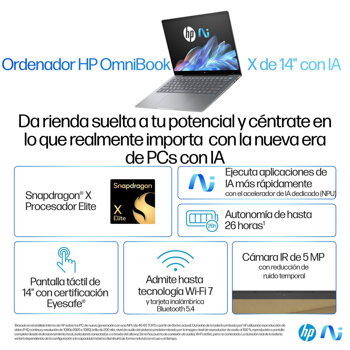 Portátil Hp Omnibook X 14-Fe0000ns Copilot+Pc, Snapdragon X Elite X1e-78-100, 16gb, 1tb Ssd, 14", W11 - Plata