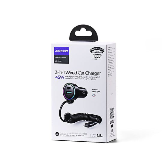 Joyroom Car Charger 3-In-1, C+U With Type-C Coiled Cable 1.5m, 55w, Black (Jr-Cl07)