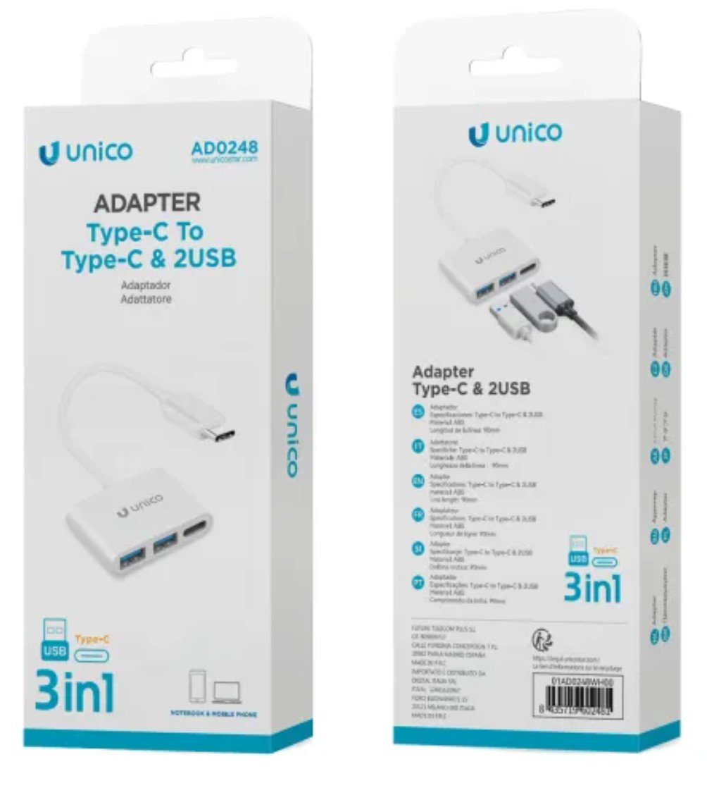 Adaptador Unico Tipo(C) A 2 Usb(A) Y Usb Tipo(C)