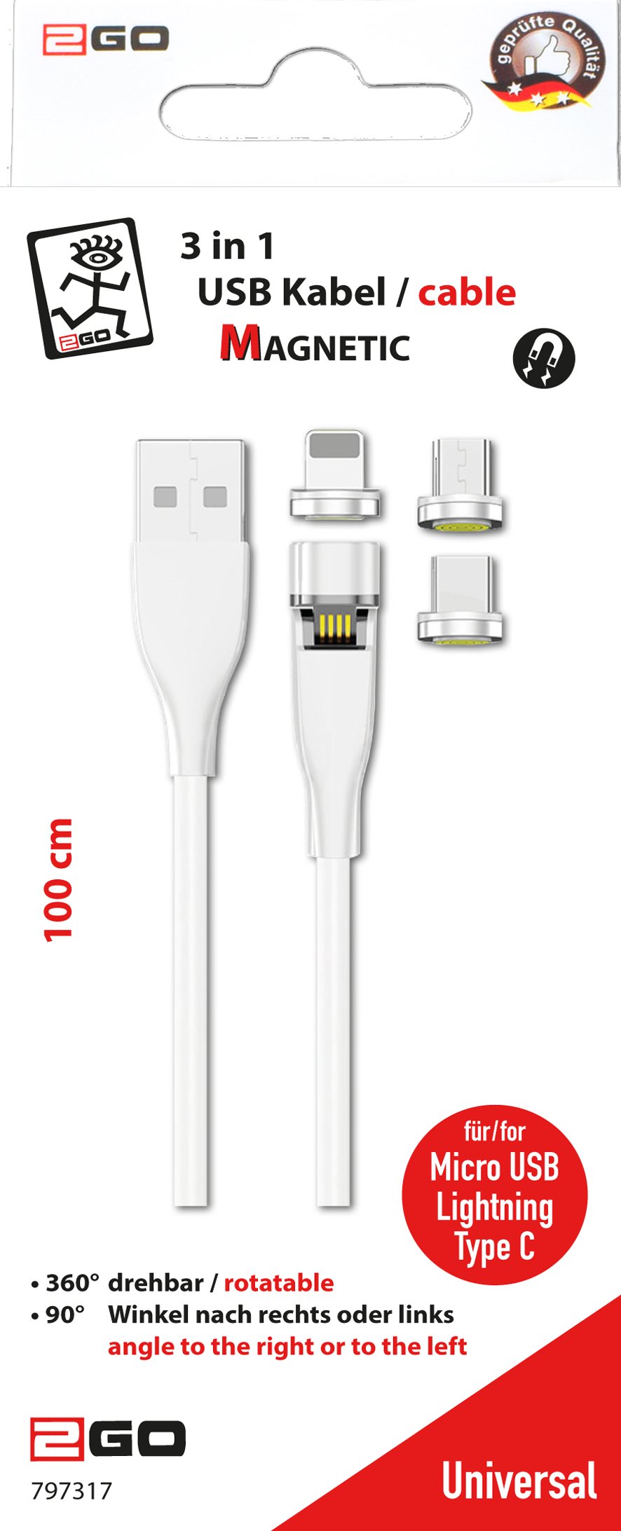 2go 797317 Cable Usb 1 M Usb B Usb C/Micro-Usb B/Lightning Blanco