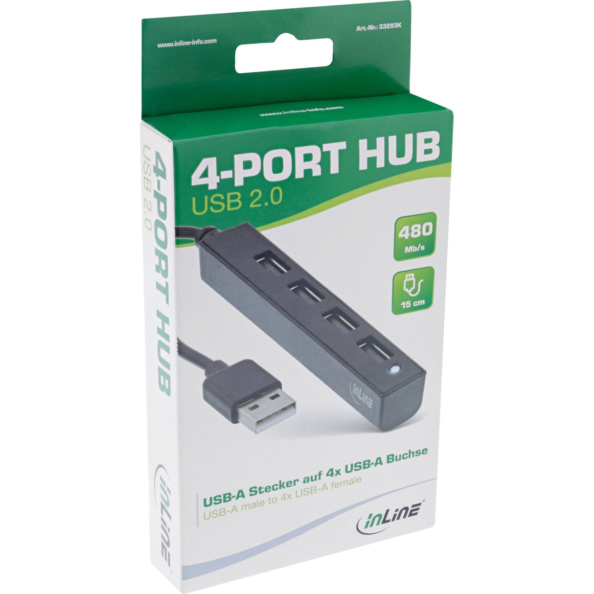 Inline® Usb 2.0 Hub, 4 Port, Usb-A Macho A 4x Usb-A Female, Black, 15cm, Slim Design
