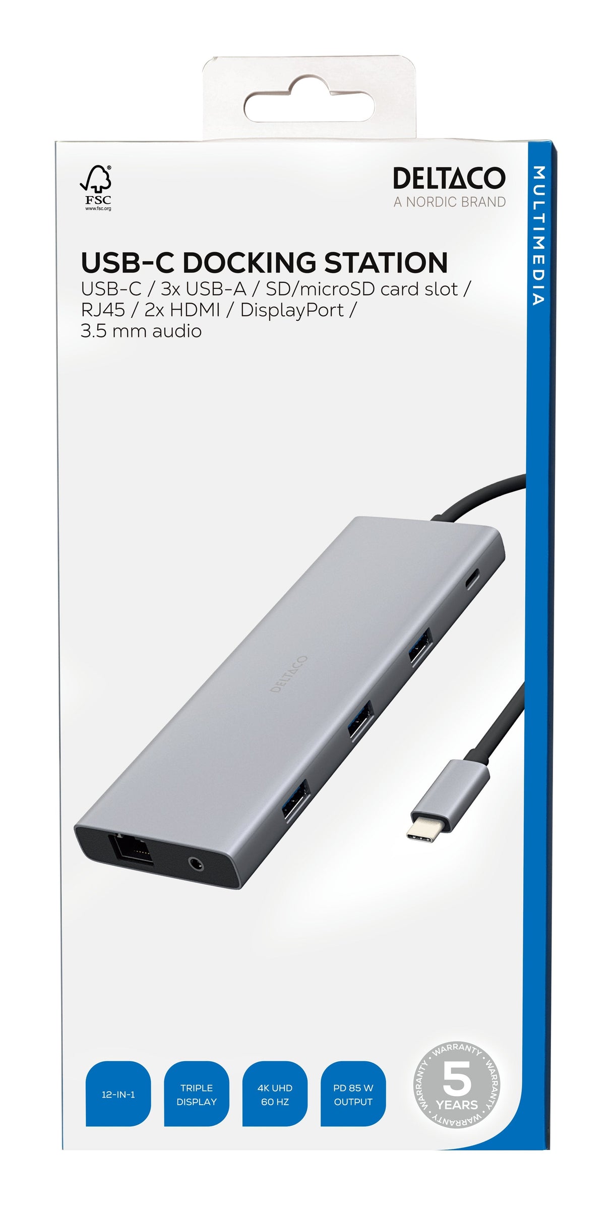 Deltaco 12in1 Usb-C Dockingstation 4k Uhd/60hz 85w Silber