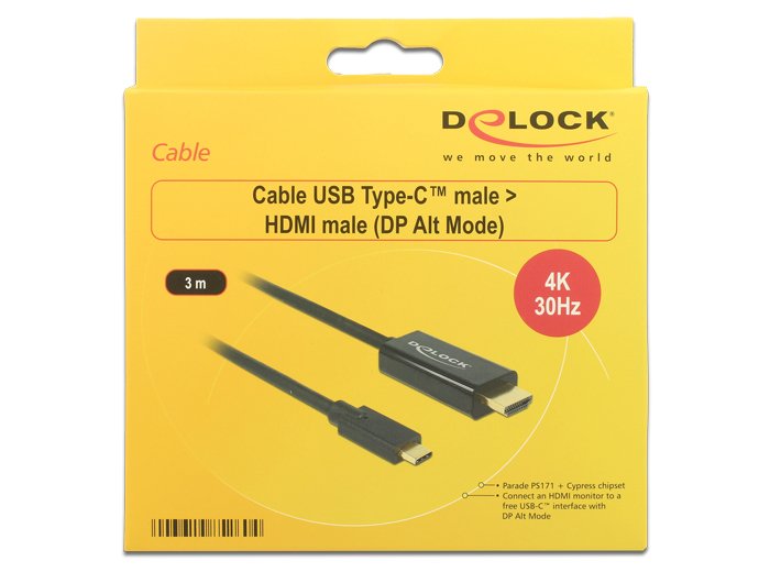 Delock Cable Usb Type-C -> Hdmi M/M (Dp Alt Mode) 4k 30 Hz 3m Negro