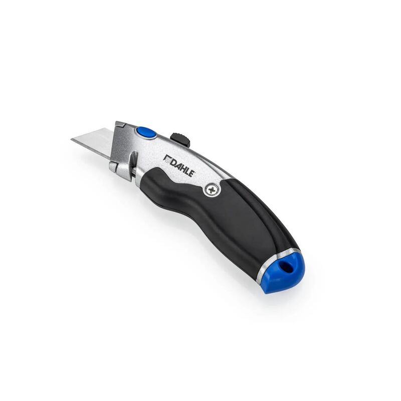 Dahle 10890 Heavy Duty Cuter Con Cuchilla Trapezoidal De Acero Al Carbono Sk5 - Cortador De Cinta De Embalaje - Cuerpo Metalico - Mango Ergonomico Con Agarre De Goma