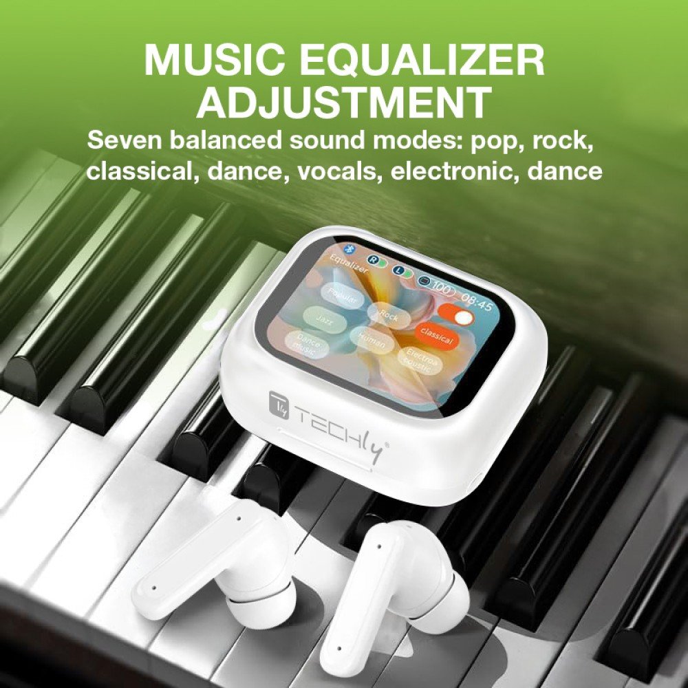 Techly Icc Sb-Blt08w Auriculares Inalámbricos Intrauditivos Bluetooth, Estuche Con Pantalla Lcd, Cancelación De Ruido Anc, Ecualizador