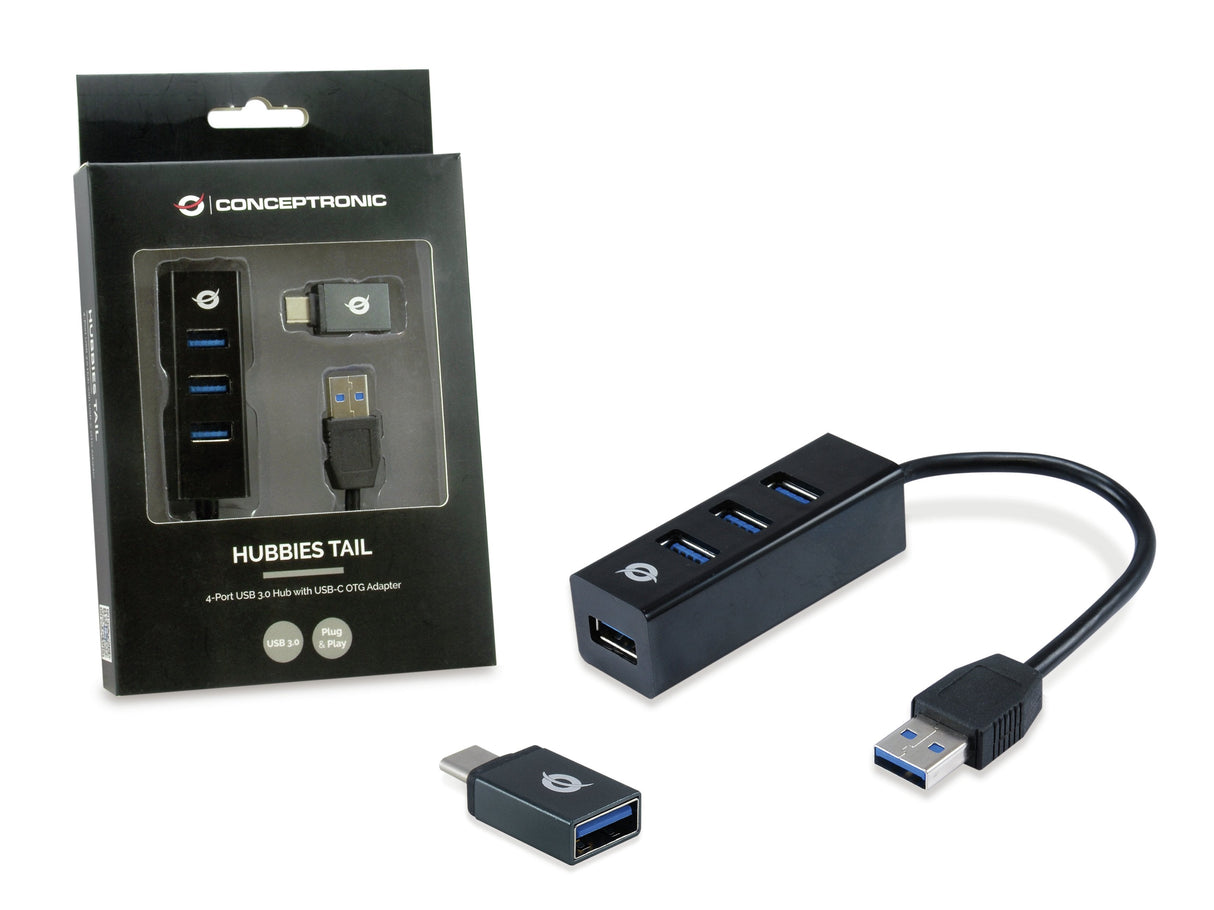 Hub Usb 3.0 Conceptronic Hubbies04b 4 Puertos Usb 3.0 Color Negro Y Adaptador A Usb-C