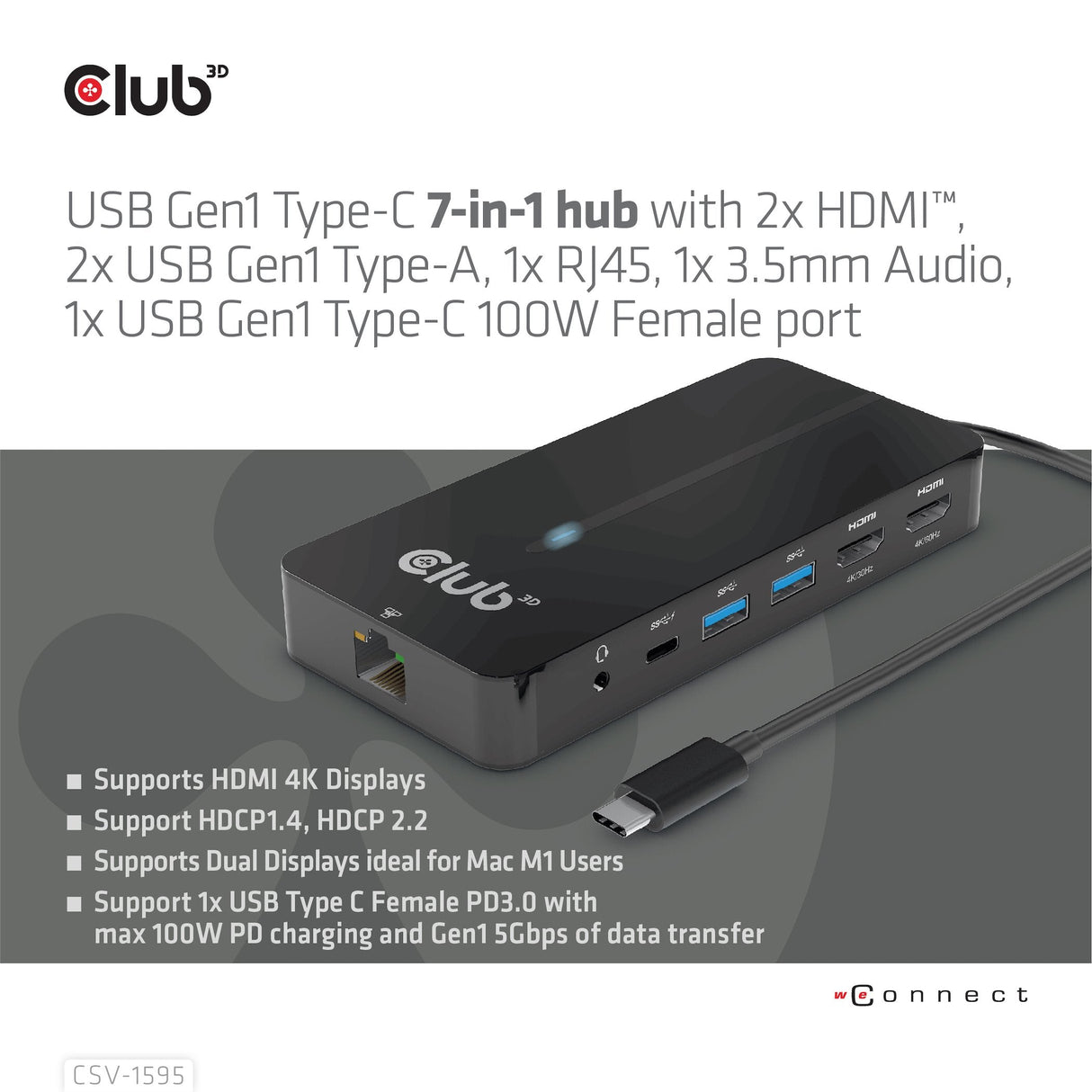 Club3d Usb-7-In1-Hub Usb-C > 2xhdmi/2xusb/Rj45/Usb-C 100w Retail