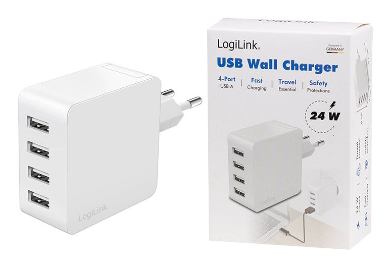 Logilink Usb-A Charger, 24 W, 4-Port, 4x Usb-A, Blanco
