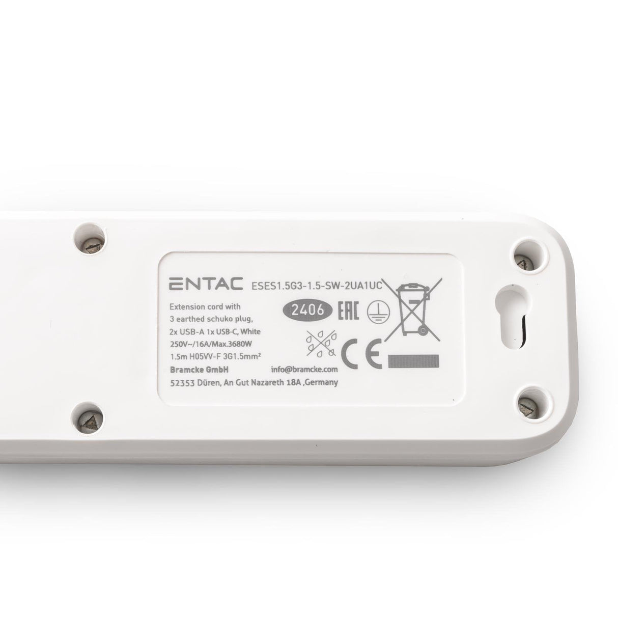 Entac Meckdosenleime 3fach 2x Usb-A & 1 Usb-C, 1,5m Blanco