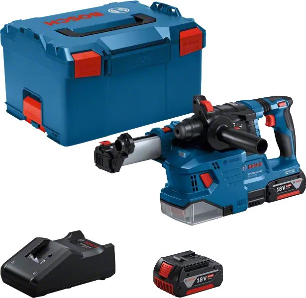 Taladro Percutor A Batería Bosch Professional Gbh 18v-22 Professional, 18 Voltios, Con Gde 18v-12 Azul/Negro, 2 Baterías De Iones De Litio De 4,0 Ah, En L-Boxx