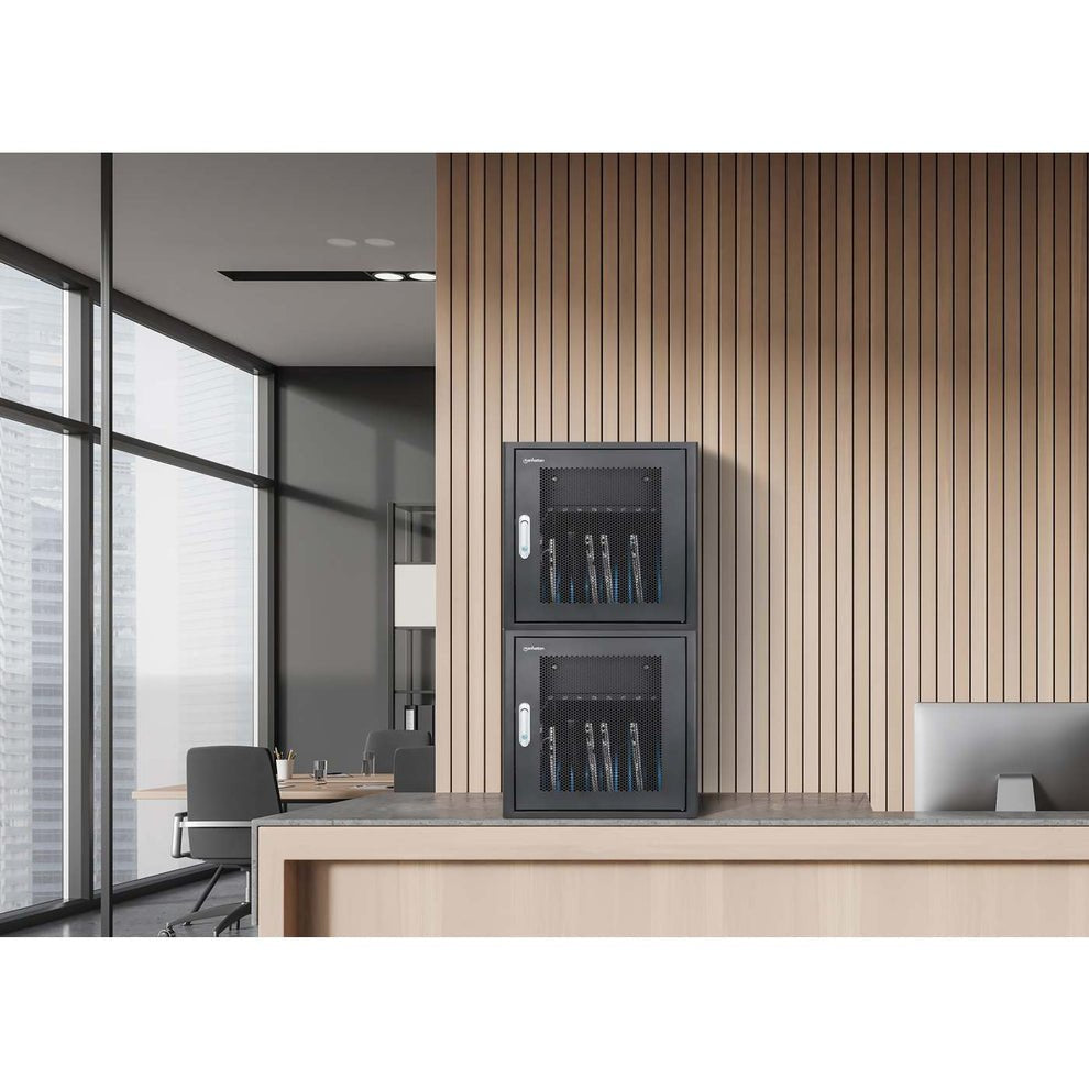 Manhattan Laptop Charging Cabinet Desktop Via Ac Adapter (Eu) 10-Bay, Install Device'S Ac Adapter (Power Cables) Into Unit, Suitable For All Laptops (To 16"), Ipads, Macbooks, Chromebooks, Other Portable Devices, Bays 380x30x280mm, Cart, Lo