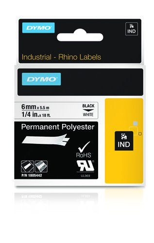 Dymo Rhino Cinta Id1-6, Negro Sobre Blanco, 6mmx5´5m, Poliéster