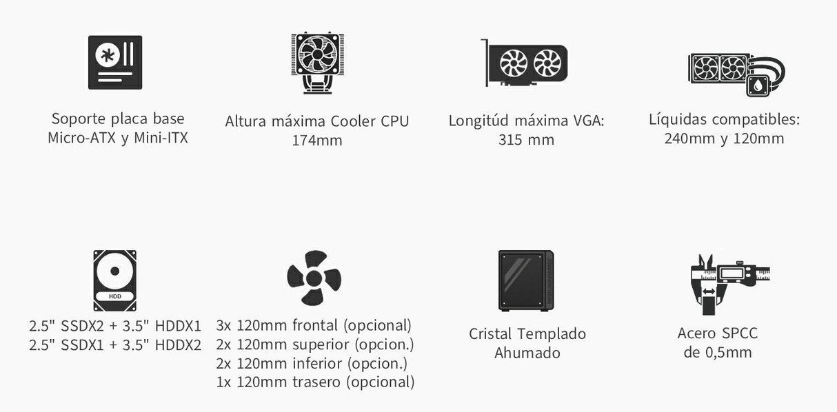Coolbox Caja Microatx Gm350 Darkface Gpu Max 315mm Cristal Templado Liquida 240mm Usb-C Negra