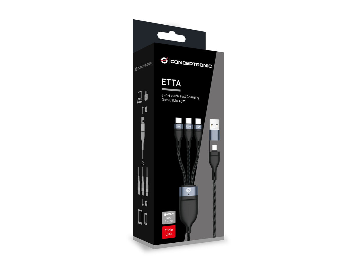 Cable Usb-C Macho A 3xusb-C Macho 100w 1.50m Adaptador A Usb-A