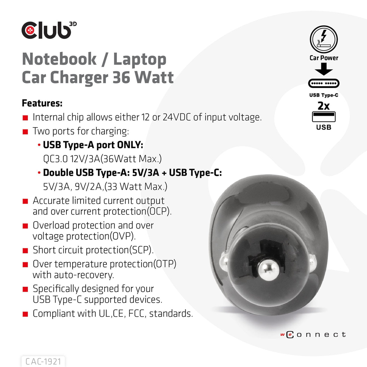 EAN 8719214472788 - CLUB3D CAC-1921 cargador de dispositivo móvil Portátil Negro Encendedor de cigarrillos Auto imagen 7