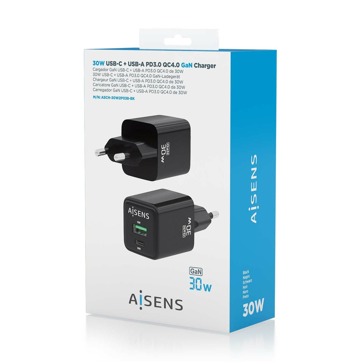 Aisens Cargador Gan 30w, 1xusb-C Pd3.0 Qc4.0, 1xusb-A Qc3.0, Negro