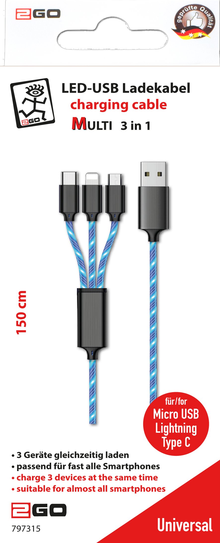 2go 3in1 Led Cable Azul Para Micro-Usb & Apple & Usb Type-C